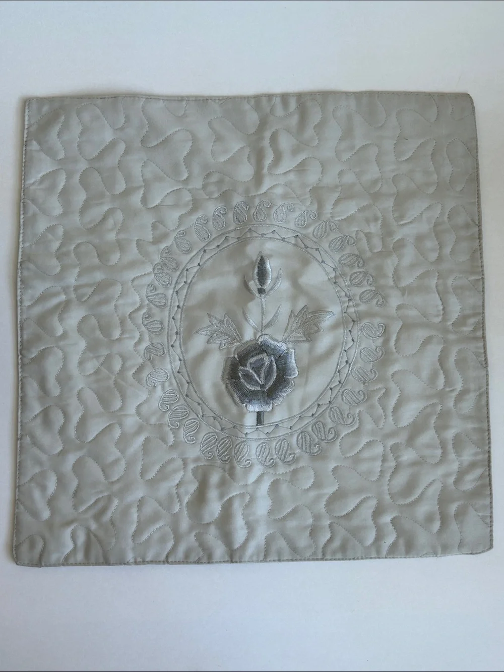 Vintage Embroidered Pillow Sham in Art Deco Grey w Blue Floral Pattern 16” X 16